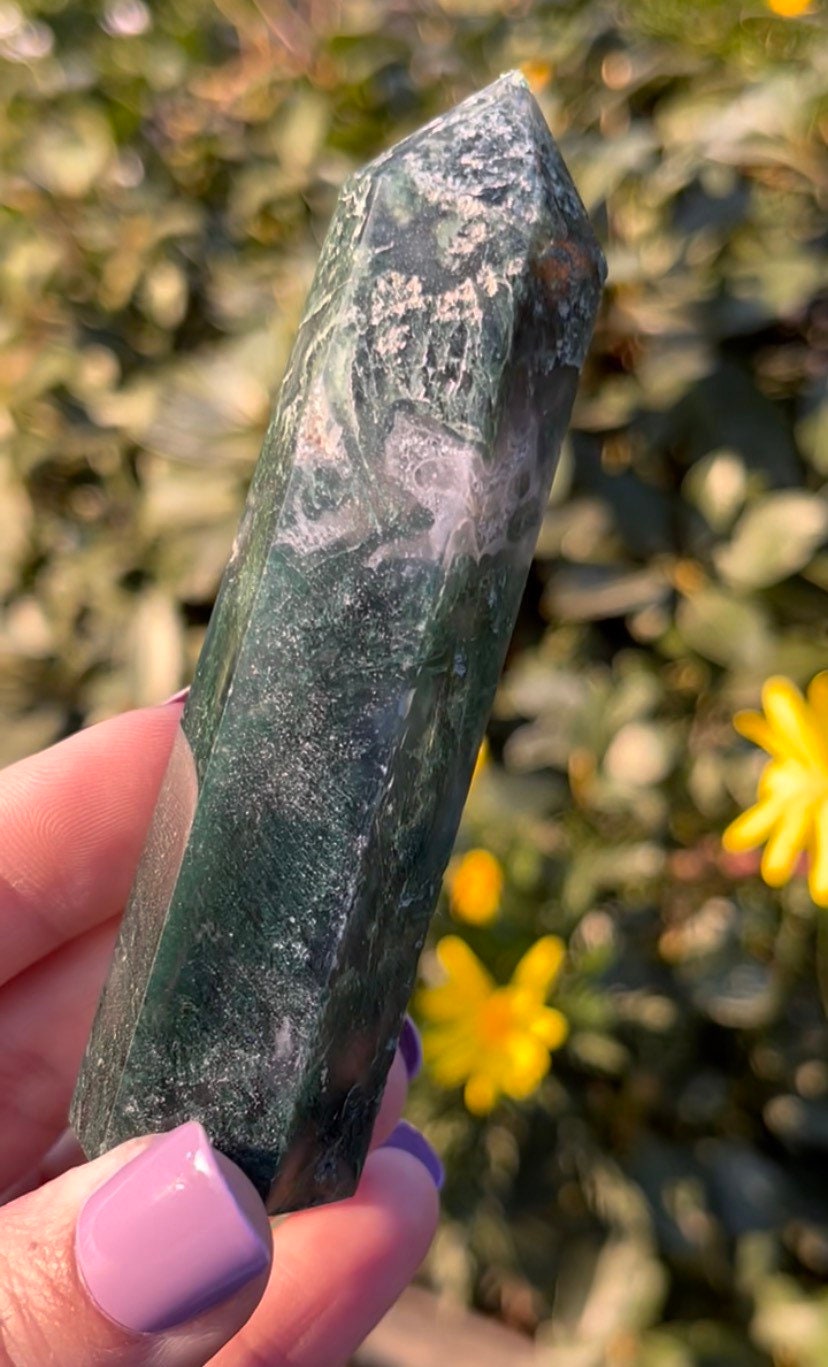 Moss Agate Tower Druzy Crystal Point Natural Stone ~ Harmony Balance Relationships