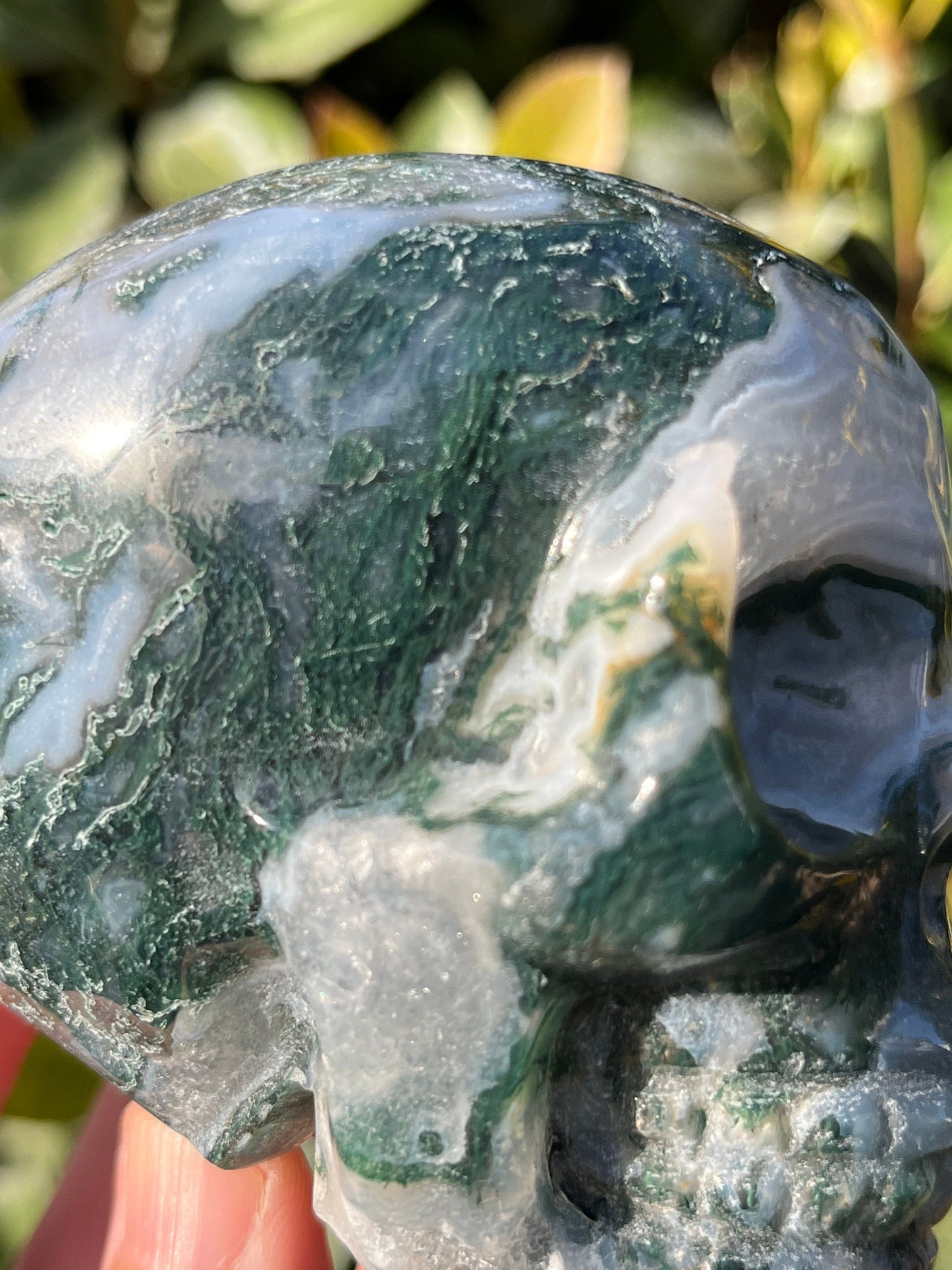 4" Druzy Geode Cave Moss Agate Skull ~ Natural Stone Crystal Skull ~ Human Skull Art Carving MS1