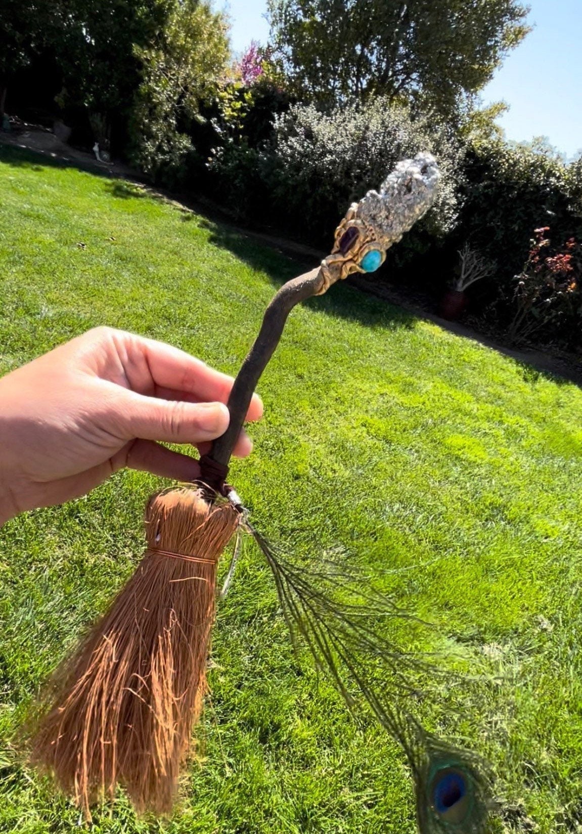 See Video! Embellished Witches Broom Crystals Pyrite Gold Plated Witchy Display  ~ Wicca Witch Broom ~ One of a kind