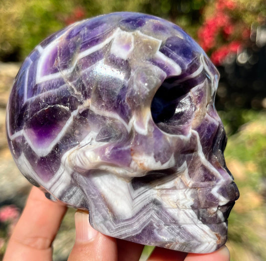 Amethyst Skull Human Crystal Skull Carving | Chevron Amethyst Skull | Human Skull Art | Purple Crystal Skull