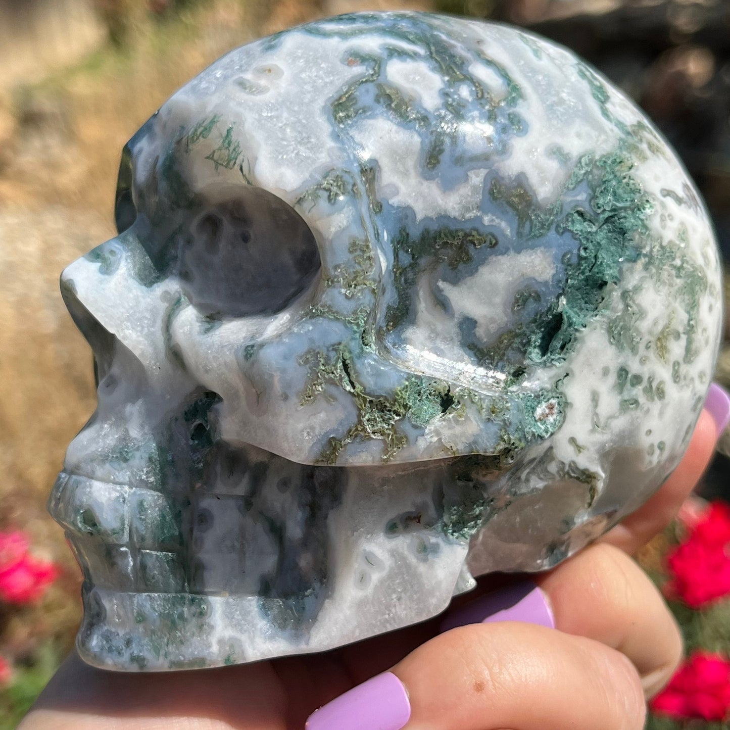 XL 1.9lbs Moss Agate Skull | Natural Stone Crystal Skull | Human Skull Art Carving | Moss Skull