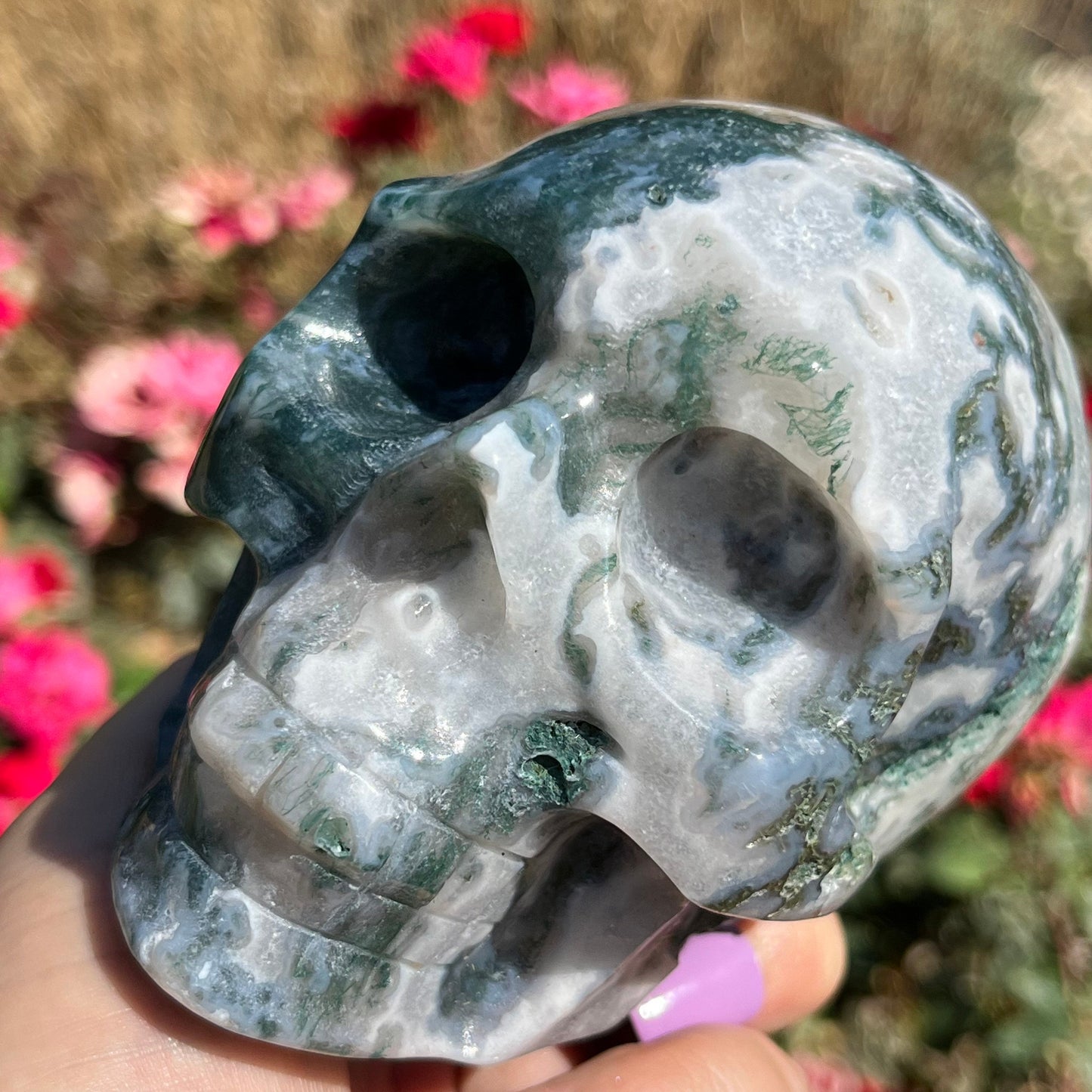 XL 1.9lbs Moss Agate Skull | Natural Stone Crystal Skull | Human Skull Art Carving | Moss Skull