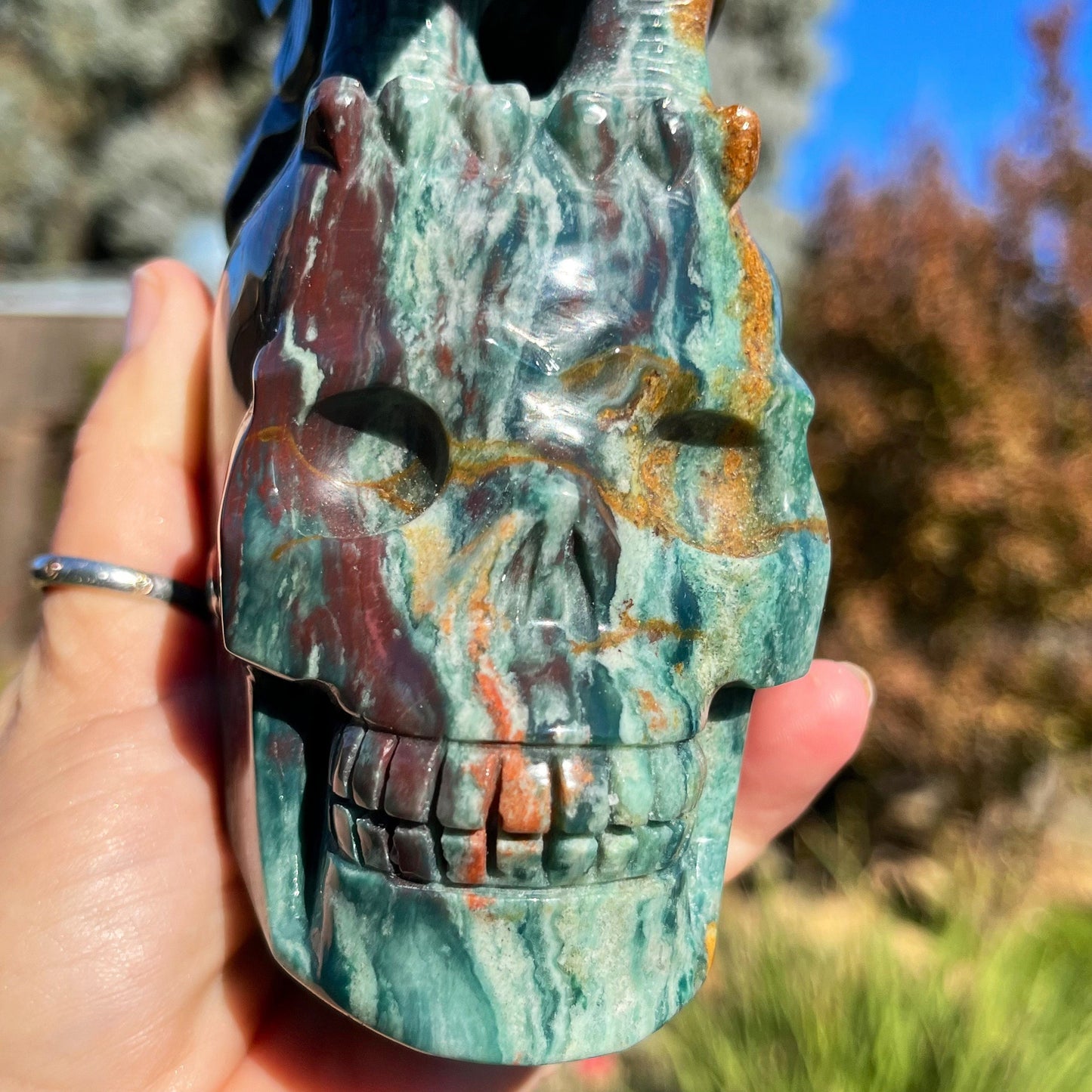 XL Ocean Jasper Eagle Skull | Colorful Ocean Jasper Skull with Eagle | Carved Crystal Skull | OJ Skull | Crystal Skull | Human Skull Art