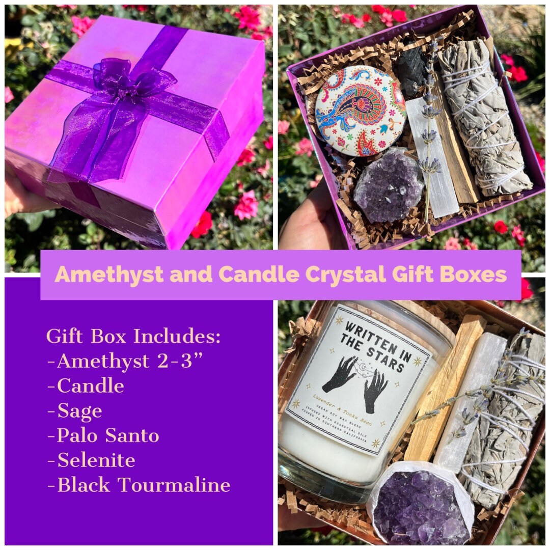 Amethyst Crystal Gift Box Set | Raw Amethyst Cluster | Amethyst Crystal | Crystal Gifts | Crystal Candle Gift Box | Crystal Starter Set