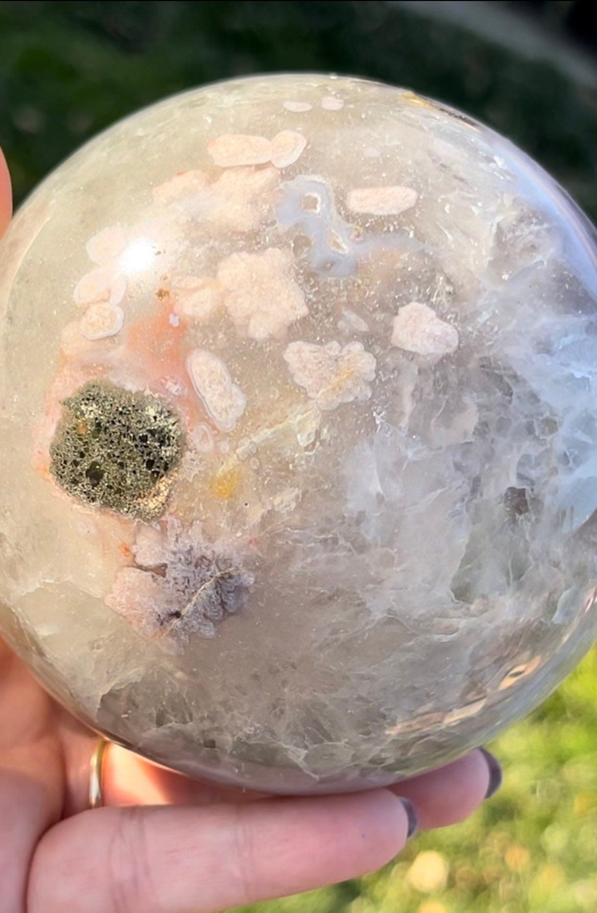 Rare XXL 100mm  Green Quartz Pink Flower Agate Sphere with Pyrite | Green Quartz Sphere | Druzy Agate Sphere | Rare Crystal Spheres