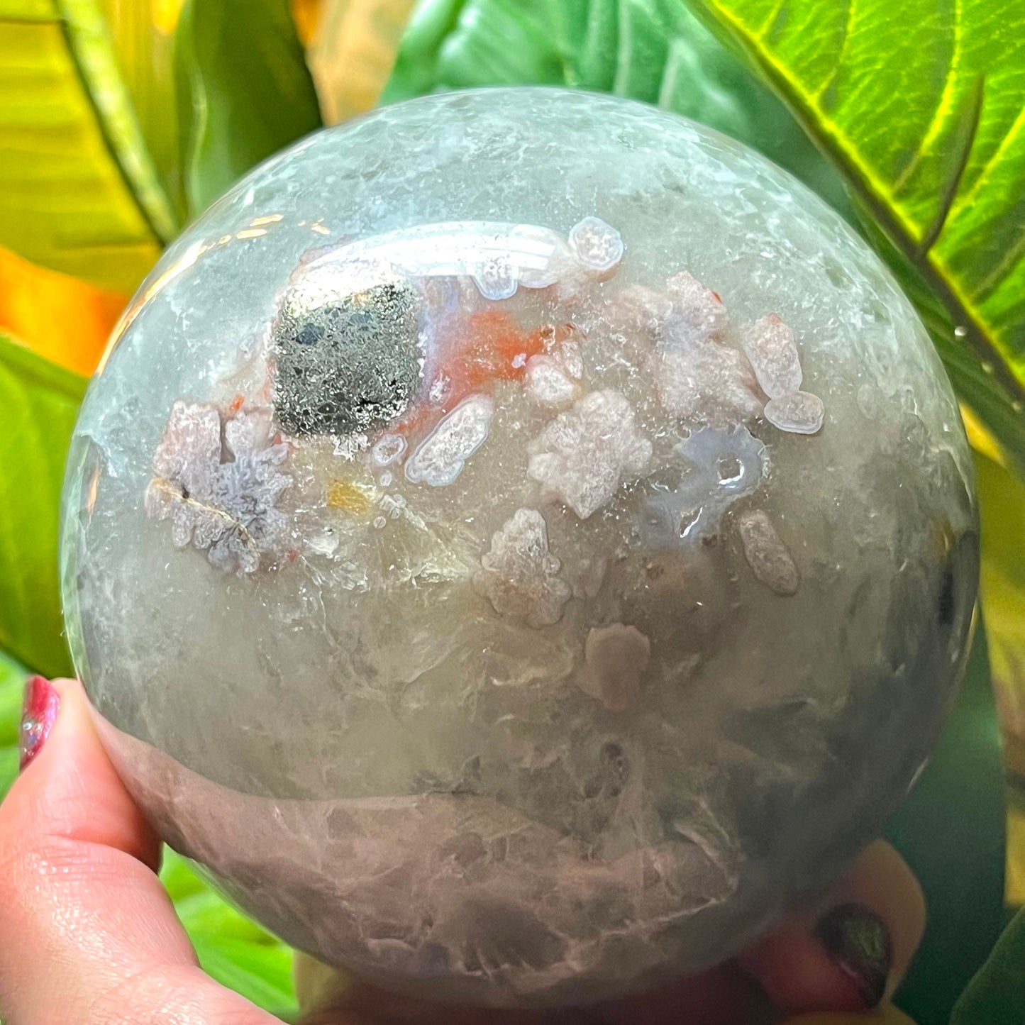 Rare XXL 100mm  Green Quartz Pink Flower Agate Sphere with Pyrite | Green Quartz Sphere | Druzy Agate Sphere | Rare Crystal Spheres