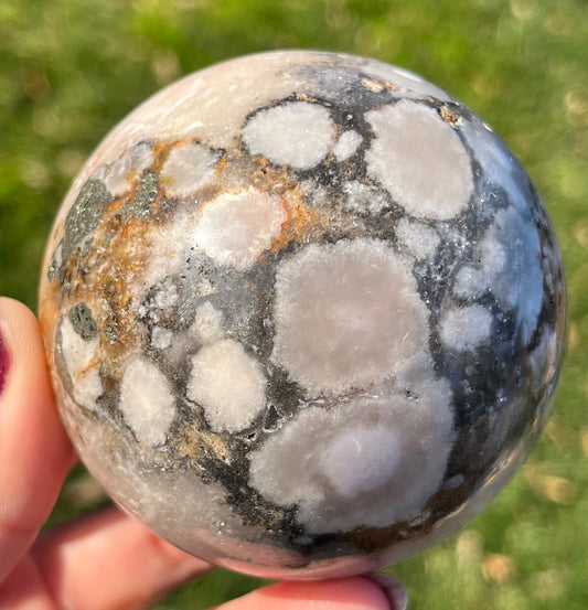 Rare 70mm Pink Amethyst Flower Agate Sphere | Pink Amethyst Sphere | Druzy Amethyst Sphere | Flower Agate with Pyrite |Rare Crystal Spheres