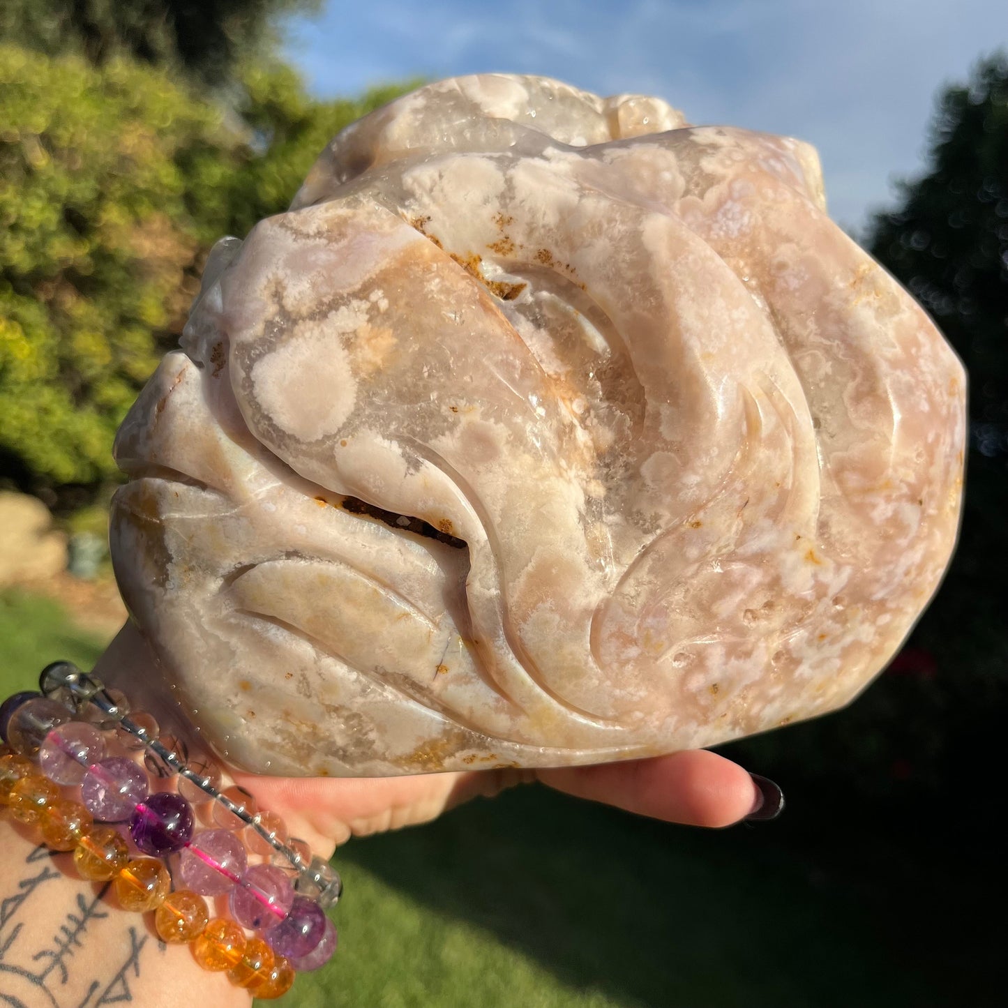 XL Pink Flower Agate Geode Carving  | Pink Amethyst Tiger | Pink Amethyst Geode Freeform | Flower Agate Tiger Crystal | Statement Crystals